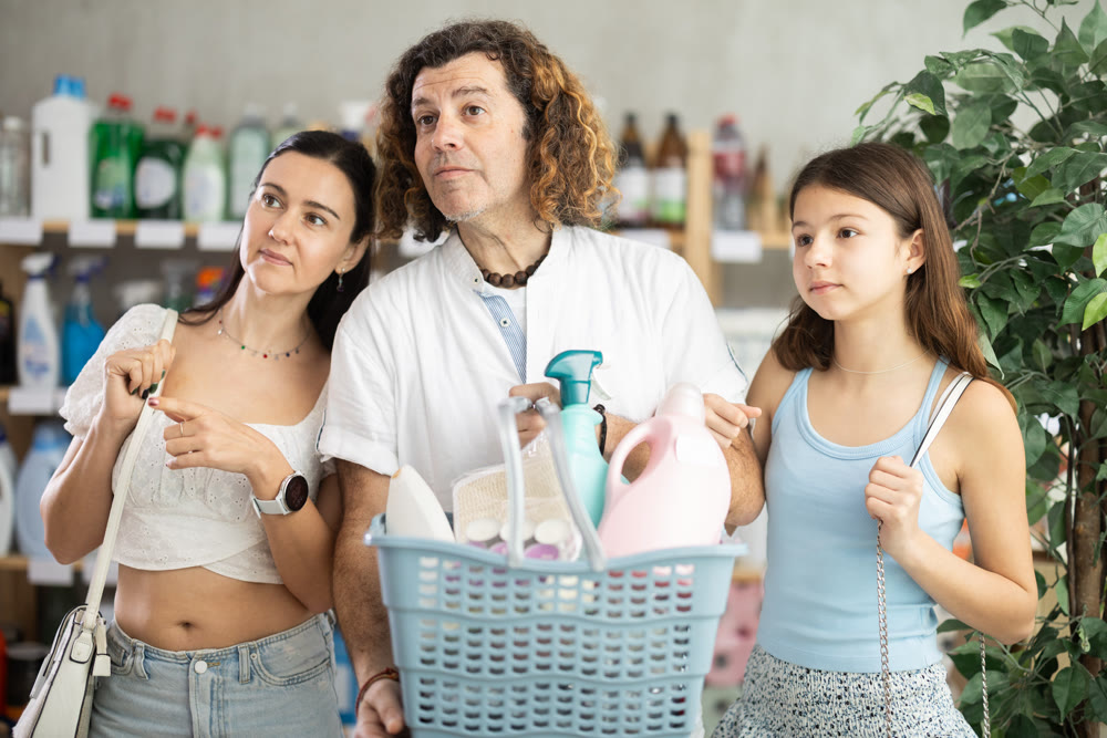 Friendly family shopping for cleaning products and toiletries in store