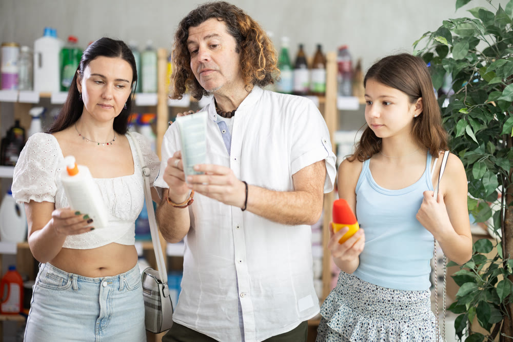 Friendly family choosing sunscreen products in store