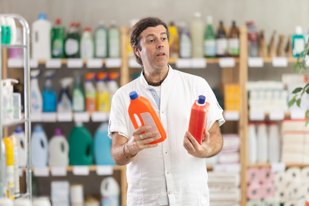 Man choose product and doubts, faultfinding buyer pick sewer cleaner liquid for allergy sufferers