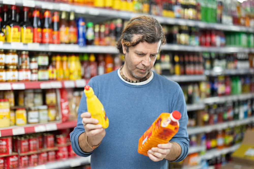 Adult man choosing honey in grocery store