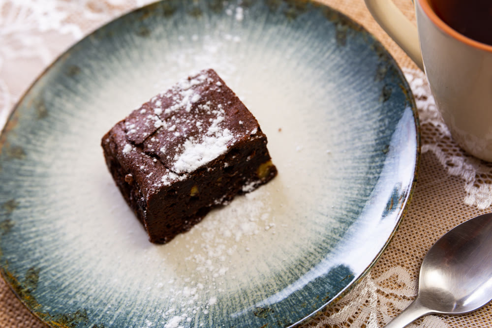 Chocolate brownie cake served for dessert