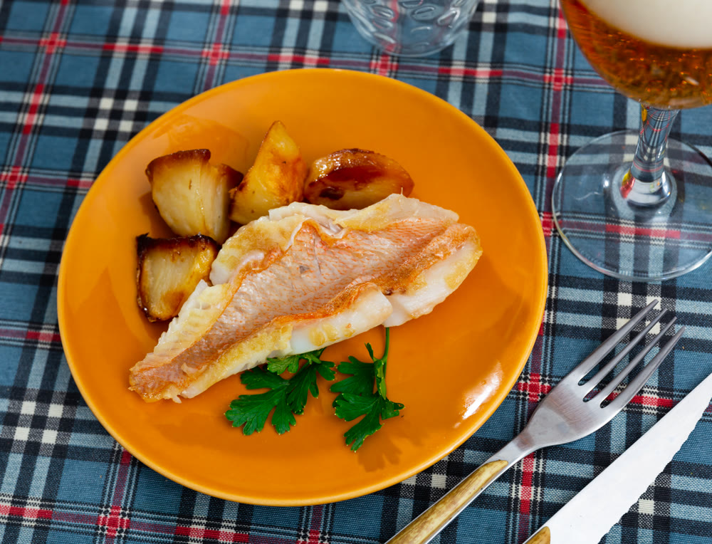 On plate, slice of fried redfish garnished with French fries