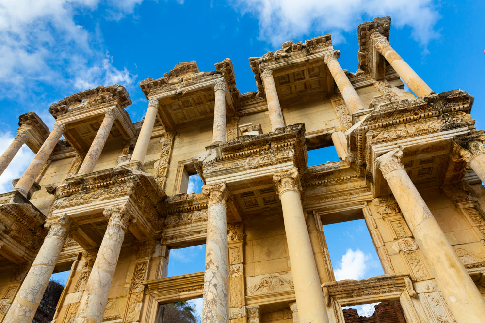 Architectural details of Celsus Library facade in Ephesus, Turkey