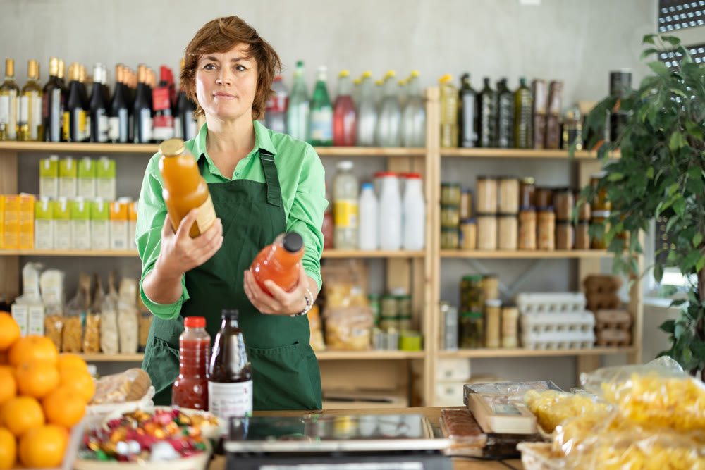 Saleswoman offers juice