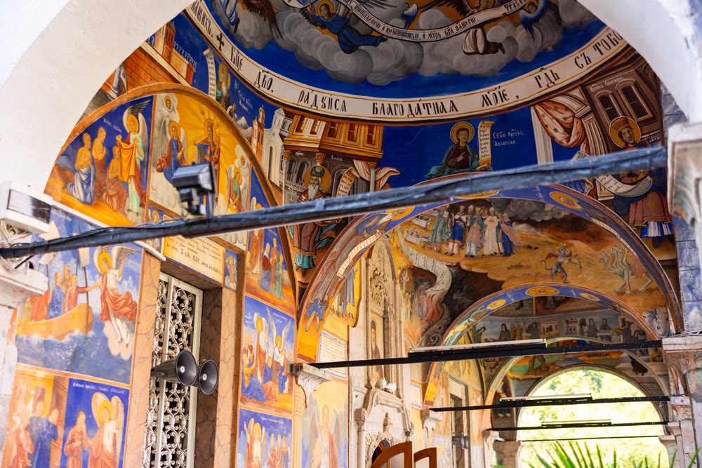 Colorful outdoor frescoes of St. Joachim Church at Osogovo Monastery