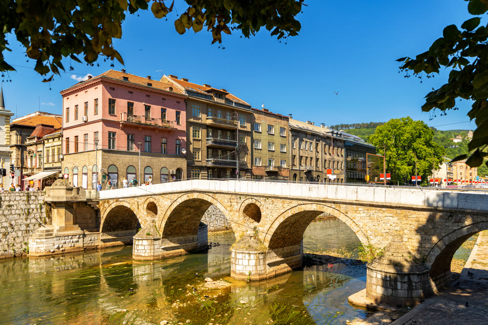 Latin Bridge with stone arches in Sarajevo, Bosnia and Herzegovina