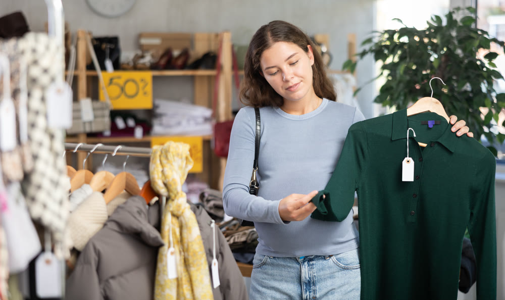 Pregnant woman choosing warm dress in clothing store