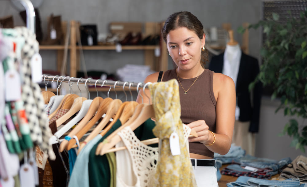 Female customer in store chooses summer clothes.