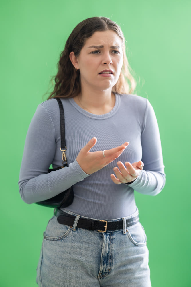 Sad girl is upset about problems that have arisen. Chroma key compositing