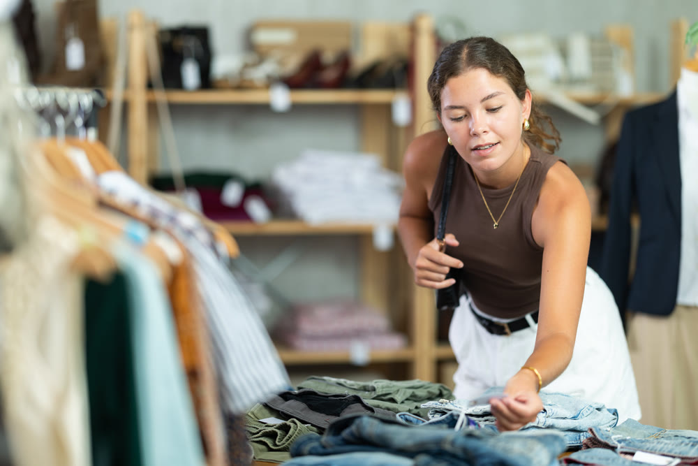 Girl customer choose denim jeans in store, and buyer carefully examines product.