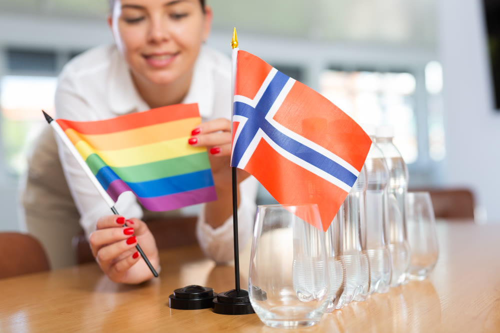Unrecognizable girl sets midget Norway and Pride flag before international negotiations