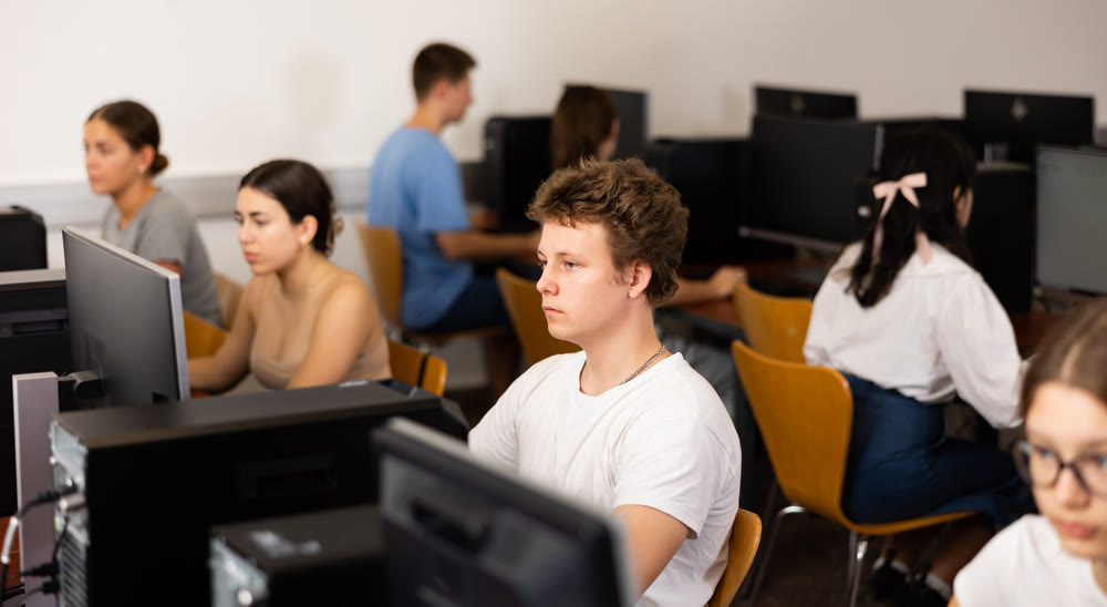Teenage boy using computer during lesson