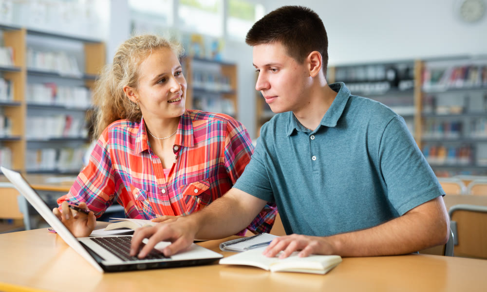 Portrait of two focused schoolchildren doing homework in library, sitting at desk in front of laptop