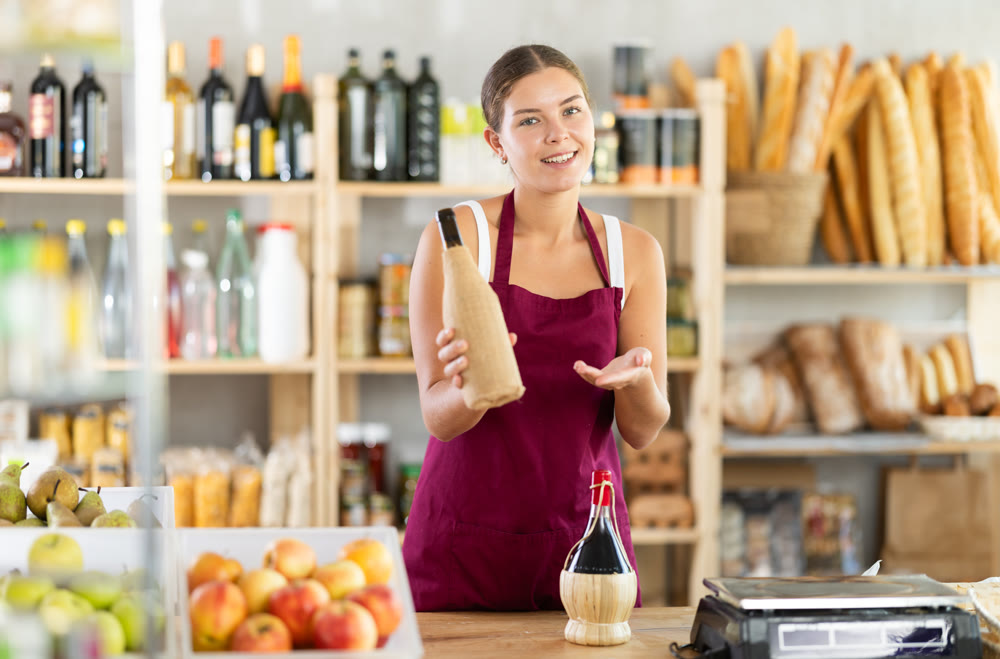 Young female seller offering wine in grocery store
