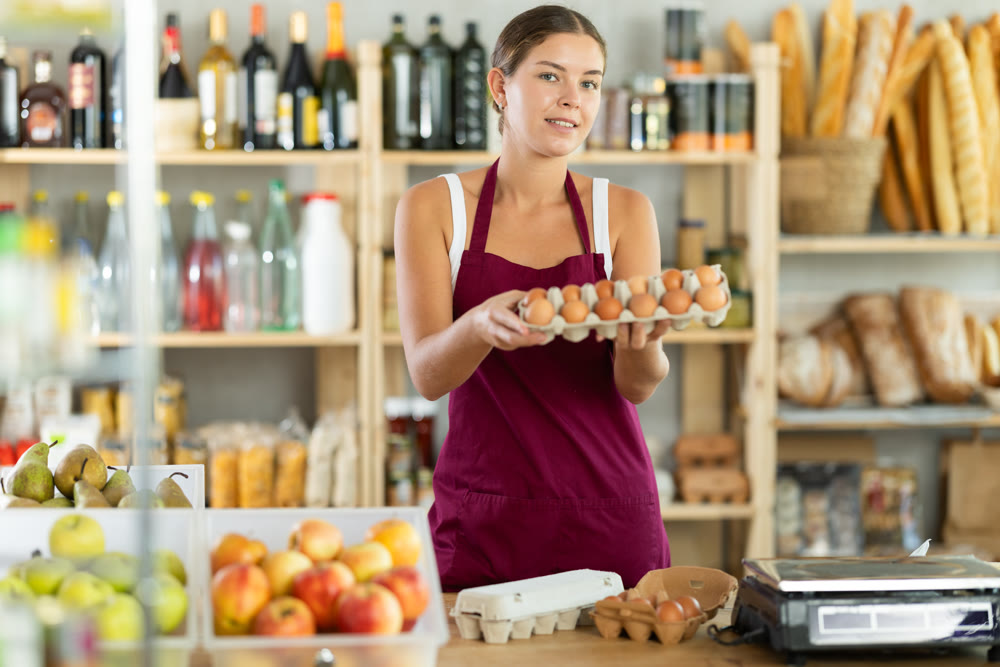 Young woman seller offering eggs in grocery store