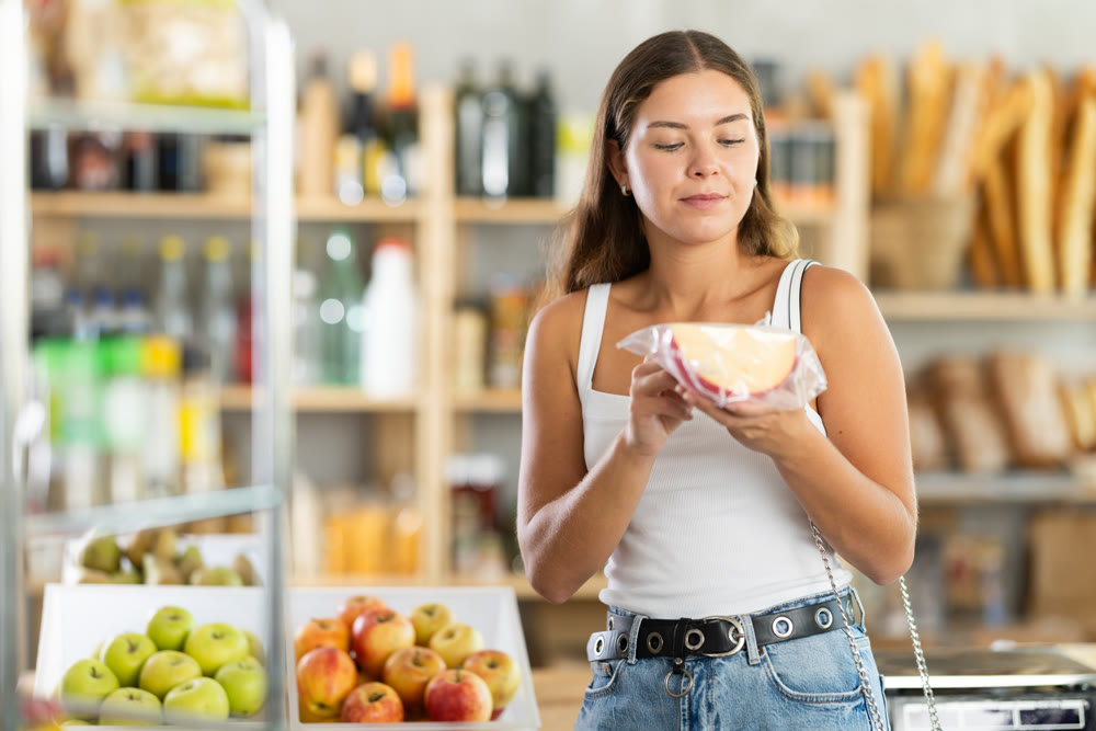 Young girl carefully chooses delicious cheese in grocery department of supermarket