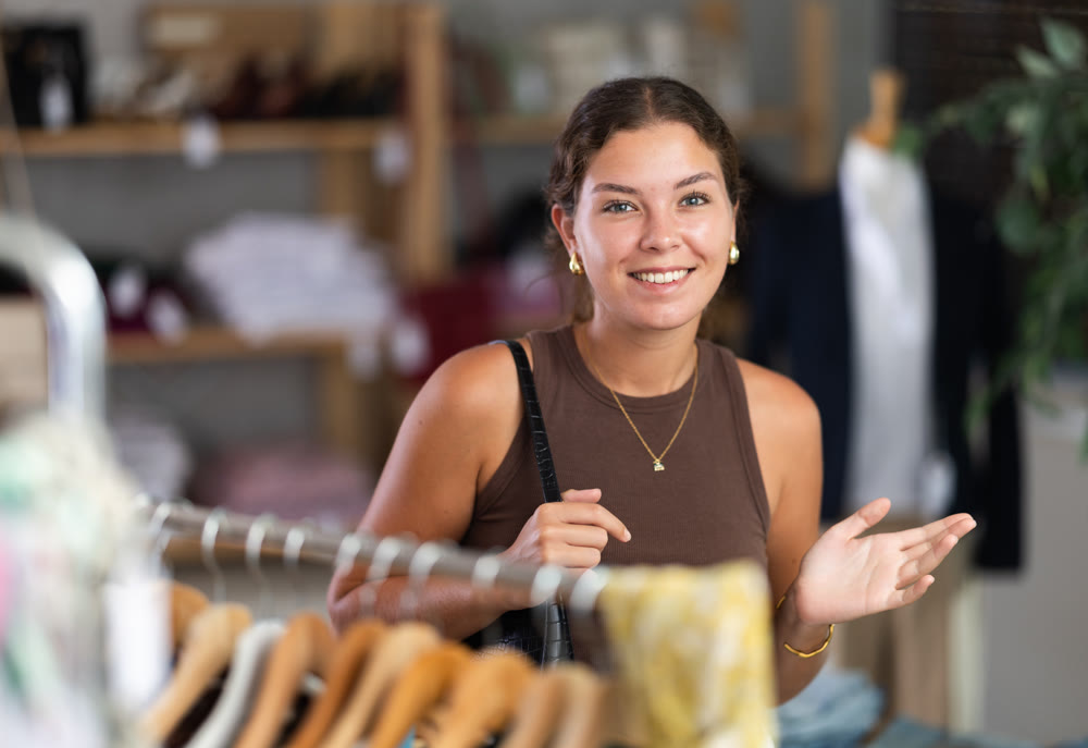 Happy smiling girl in clothing store.