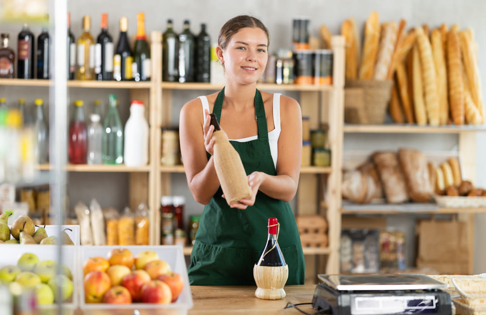 Young female seller offering wine in grocery store