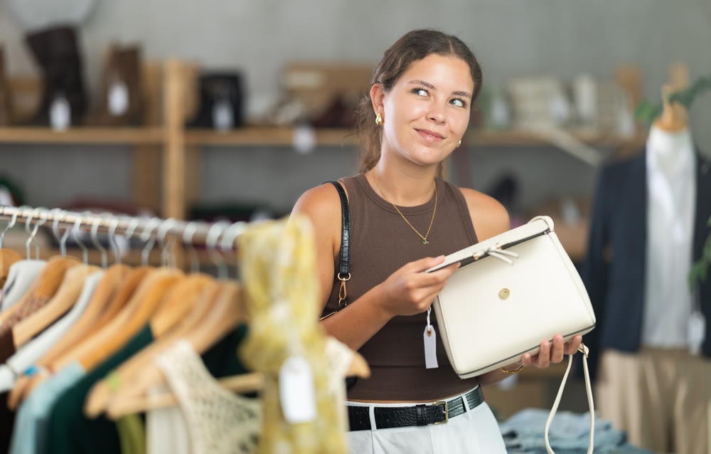 Woman choosing handbags in the store