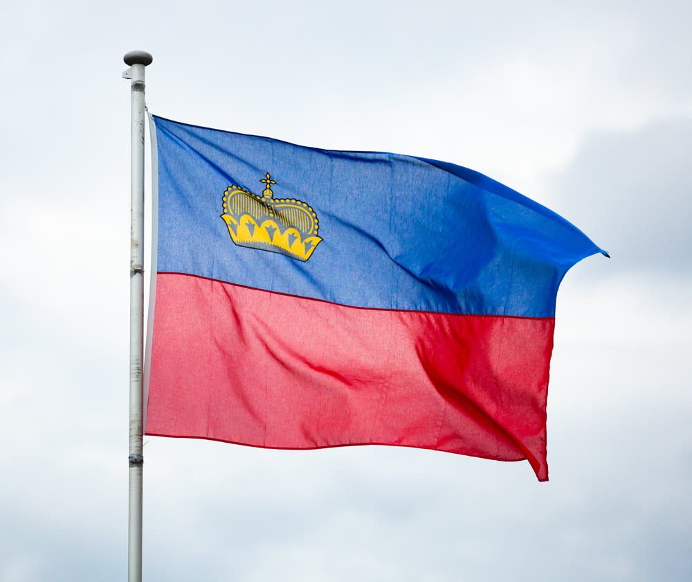 Flag of Liechtenstein waving on cloudy sky