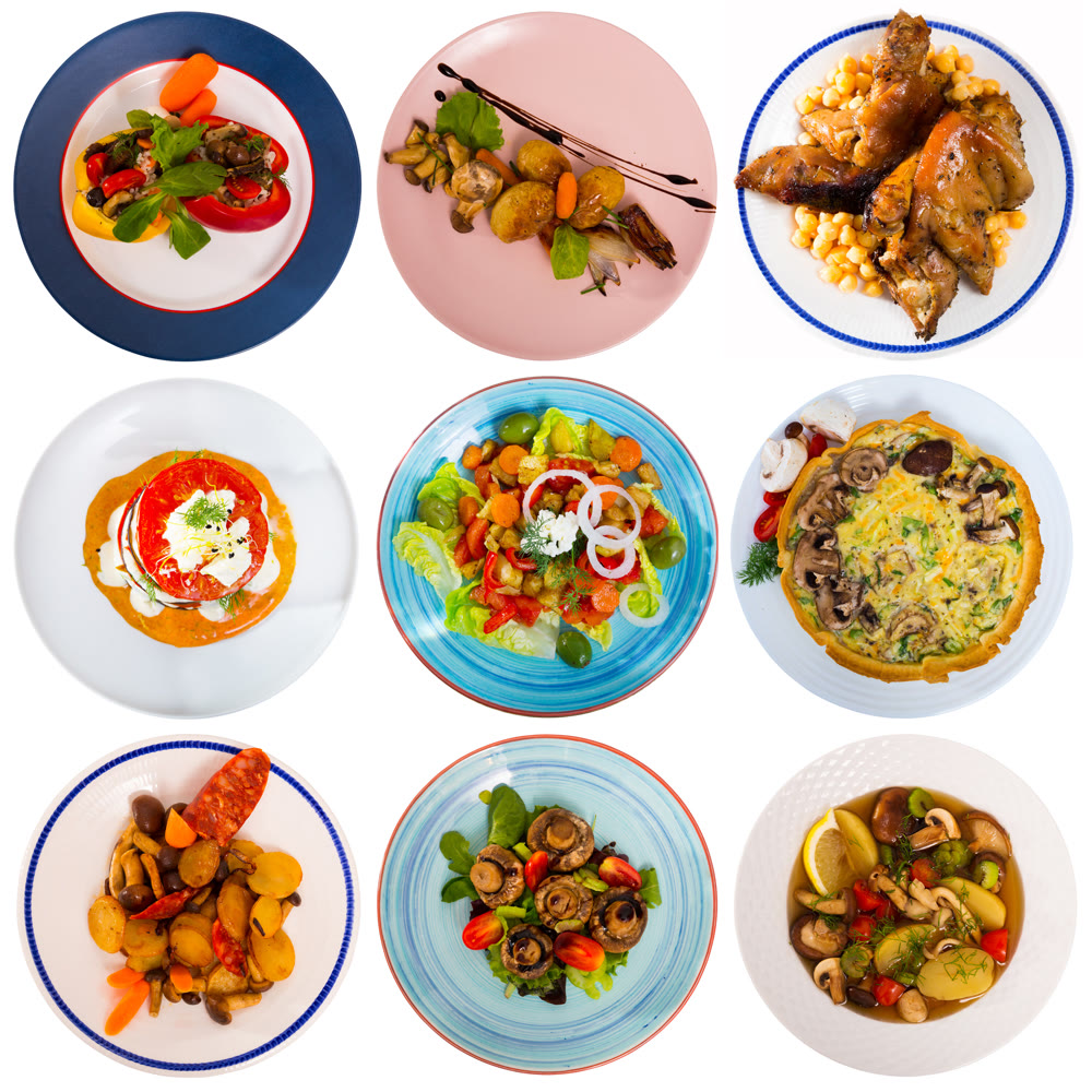 Collage of meals on round plates